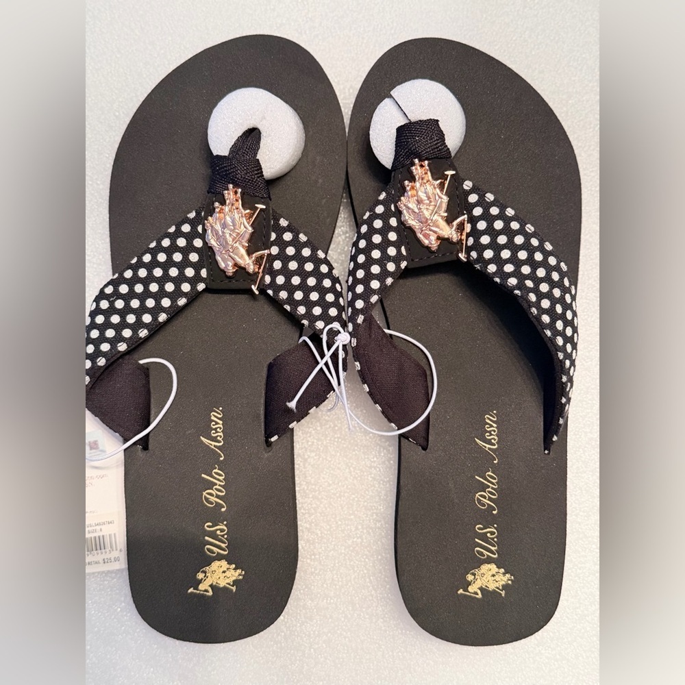 Women’s U.S. Polo Association Black White Polka Dot Summer Fashion Flip Flops